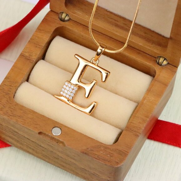 "Rose Gold Plated E Initial Pendant with Sparkling Stone Accent, XPPT1416 - Picture 2 of 13